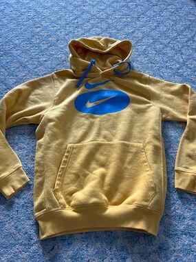Nike Men's Yellow Hoodie with Blue Swoosh
